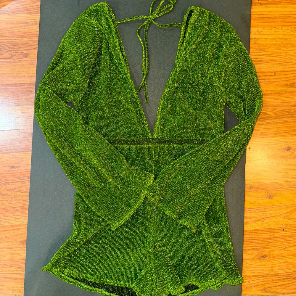 Green glitter plisse flare sleeve plunge playsuit